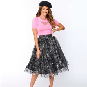 Magnolia Place by Unique Vintage Black & Silver Spiderweb Sally Swing Skirt NWOT